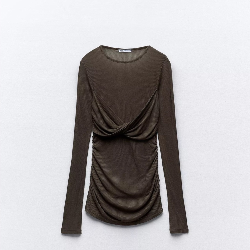 Zara Brown Long-Sleeve Sheer Ribbed Top